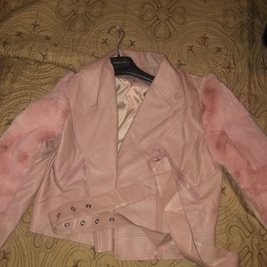 Pink leather jacket with fluffy sleeves